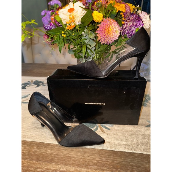 Valerie Stevens Shoes - Valerie Stevens Black Satin Pointed Toe Clear‎ Vinyl Heels Size 7M Pumps
